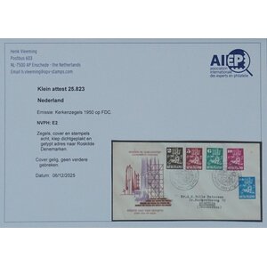 NVPH - E    2, Couverture Premier Jour (Pays-Bas), Émis de l'année:  1950, Adressée (A) - Certificat d’expertise - Rabat ouvert (OF)