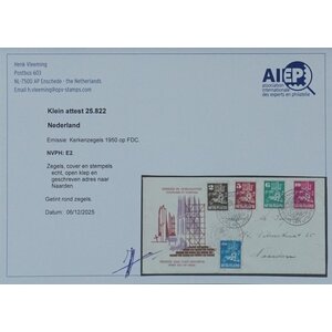 NVPH - E    2, Couverture Premier Jour (Pays-Bas), Émis de l'année:  1950, Adressée (A) - Certificat d’expertise - Rabat ouvert (OF)