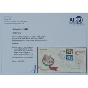 NVPH - E    3, First Day Cover (Netherlands), Issued in the year:  1950, Addressed (A) - Expert certificate - Open flap (OF)