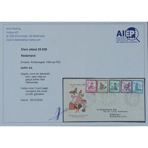 NVPH - E    4, Couverture Premier Jour (Pays-Bas), Émis de l'année:  1950, Adressée (A) - Certificat d’expertise - Rabat ouvert (OF)