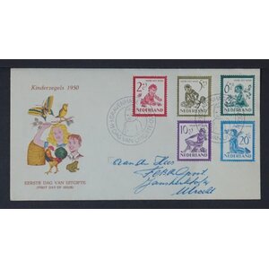 NVPH - , Couverture Premier Jour (Pays-Bas), Émis de l'année:  1950, Adressée (A) - Certificat d’expertise - Rabat ouvert (OF)
