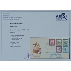 NVPH - E    4, Couverture Premier Jour (Pays-Bas), Émis de l'année:  1950, Adressée (A) - Certificat d’expertise - Rabat ouvert (OF)