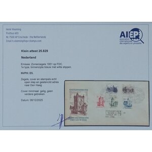 NVPH - E    5, Ersttagsbriefe (Niederlande), Ausgegeben im Jahr:  1951, Adressiert (A) - Attest - Geschlossene Klappe (CF)