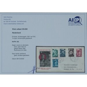 NVPH - E    6, First Day Cover (Netherlands), Issued in the year:  1951, Addressed (A) - Expert certificate - Open flap (OF)