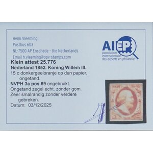 NVPH -     3a, Timbre (Pays-Bas), Émis de l'année:  1852, Neuf sans gomme (MNG) - Attestation -