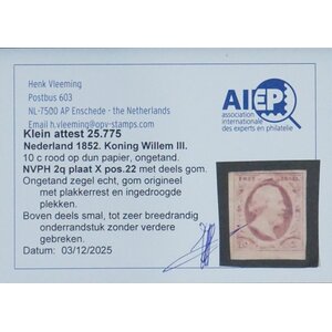 NVPH -     2, Briefmarke (Niederlande), Ausgegeben im Jahr:  1852, Ungebraucht (MH) - Befund  - pos.22