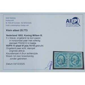 NVPH -     1, Postage stamp (Netherlands), Issued in the year:  1852, Used (U) - Expert attestation - Pair -