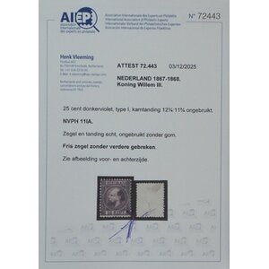 NVPH -    11 IA, Timbre (Pays-Bas), Émis dans les années:  1867-1868, Neuf sans gomme (MNG) - Attestation