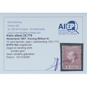 NVPH -     8 IA, Postage stamp (Netherlands), Issued in the years:  1867-1868, Mint No Gum (MNG) - Expert attestation