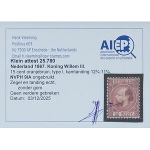 NVPH -     9 IA, Timbre (Pays-Bas), Émis dans les années:  1867-1868, Neuf sans gomme (MNG) - Attestation