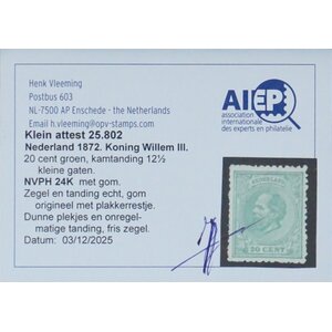 NVPH -    24 K, Postzegel (Nederland), Uitgegeven in de jaren:  1872-1888, Ongebruikt (MH) - Attest