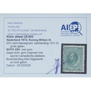 NVPH -    25 H, Postage stamp (Netherlands), Issued in the years:  1872-1888, Mint Hinghed (MH) - Expert attestation