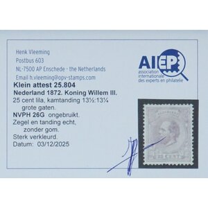 NVPH -    26 G, Postage stamp (Netherlands), Issued in the years:  1872-1888, Mint No Gum (MNG) - Expert attestation