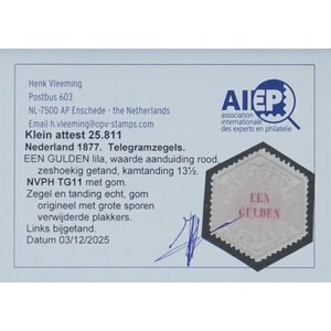 NVPH - TG  11, Telegraph stamp (Netherlands), Issued in the years:  1877-1903, Mint Hinghed (MH) - Expert attestation