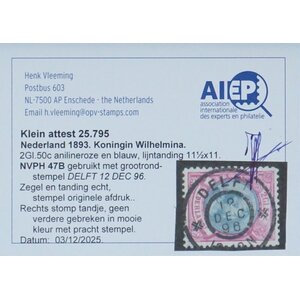NVPH -    47 B, Postzegel (Nederland), Uitgegeven in de jaren:  1893-1896, Gestempeld (U) - Attest