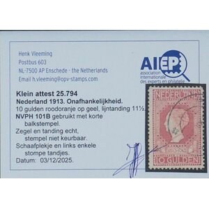 NVPH -   101b, Timbre (Pays-Bas), Émis de l'année:  1913, Oblitéré (U) - Attestation
