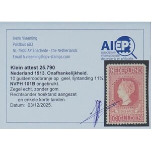 NVPH -   101b, Postage stamp (Netherlands), Issued in the year:  1913, Mint No Gum (MNG) - Expert attestation -