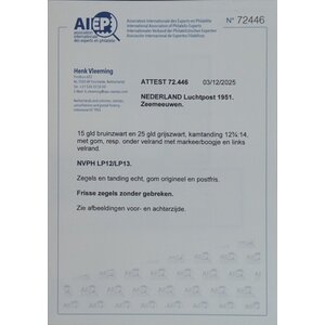 NVPH - LP  12-13, Airmail stamps (Netherlands), Issued in the year:  1951, Mint Not Hinghed (MNH) - Expert certificate - With margin