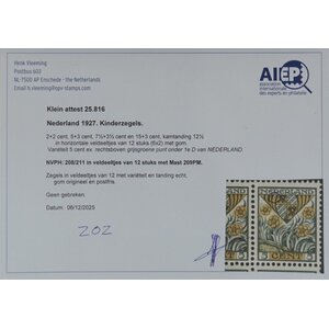 NVPH -   208-211, Briefmarken (Niederlande), Ausgegeben im Jahr:  1927, Postfrisch (MNH) - Plattenfehler 209PM  - Befund  - Block van 12