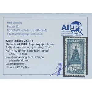 NVPH -   131 F, Timbre (Pays-Bas), Émis de l'année:  1923, Oblitéré (U) - Attestation