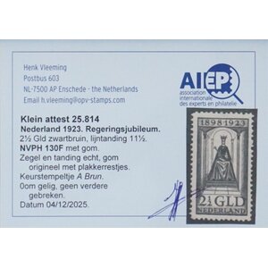 NVPH -   130 F, Postage stamp (Netherlands), Issued in the year:  1923, Mint Hinghed (MH) - Expert attestation