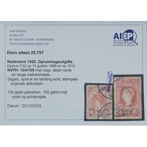 NVPH -   104-105, Postage stamps (Netherlands), Issued in the year:  1920, Used (U) - Expert attestation -