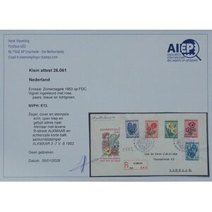 NVPH - E   13, Ersttagsbriefe (Niederlande), Ausgegeben im Jahr:  1953, Adressiert (A) - Attest - Offene Klappe (OF) - Koloriertes Druckwerk
