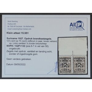 NVPH - BK 132, schwimmende Brandschrankmarke (Surinam), Ausgegeben im Jahr:  1927, Ungebraucht (MH) - Plattenfehler P - Attest - Randstück - Paar