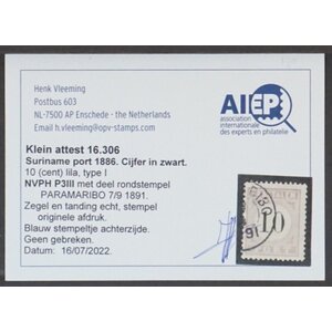NVPH - P   3.I, Timbre de port (Suriname), Émis dans les années:  1886-1888, Oblitéré (U) - Certificat d’expertise