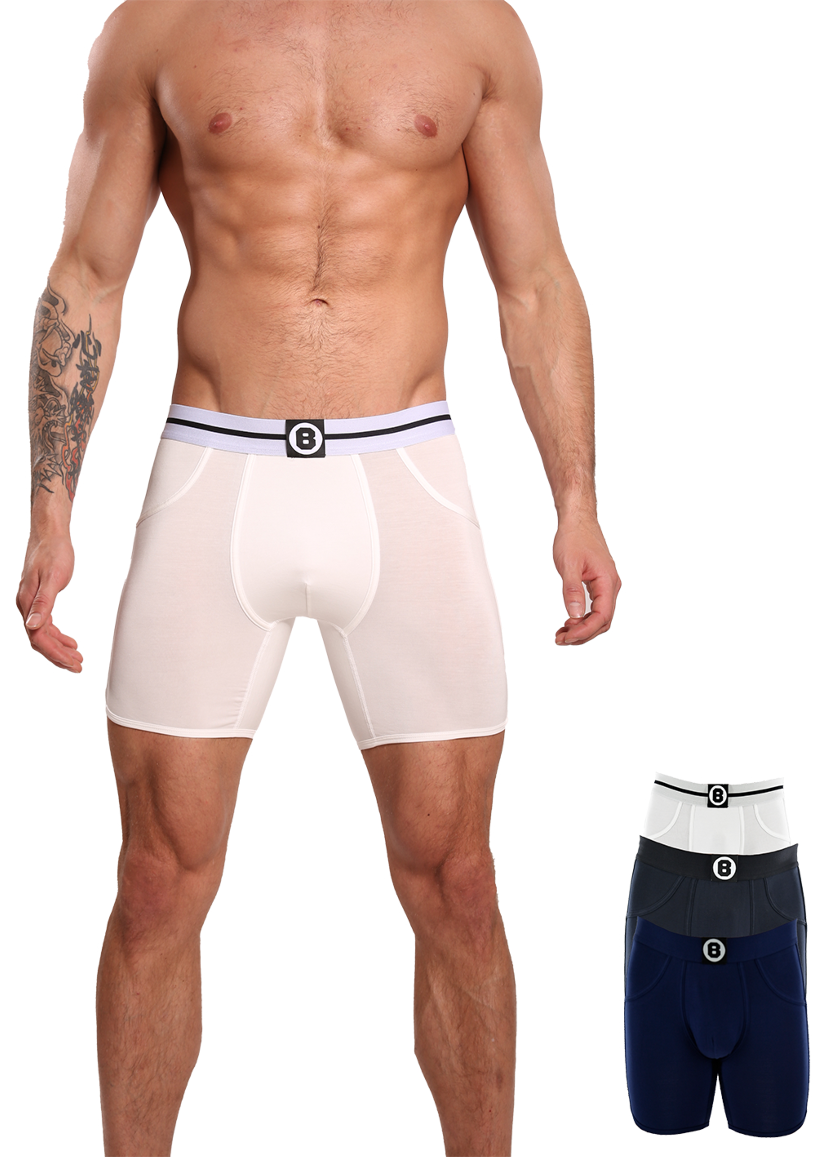 Heren Boxershorts Met Lange Pijpjes | Effen | Multipack 3 st | Lycocell  | Zwart Wit Navy |