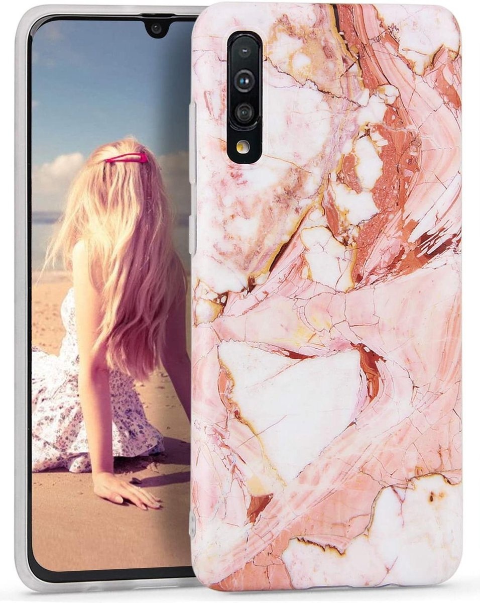 generatie Gewoon Bewusteloos Samsung Galaxy A70 hoesje - Roze / Wit - Marmer - Soft TPU - YPCd