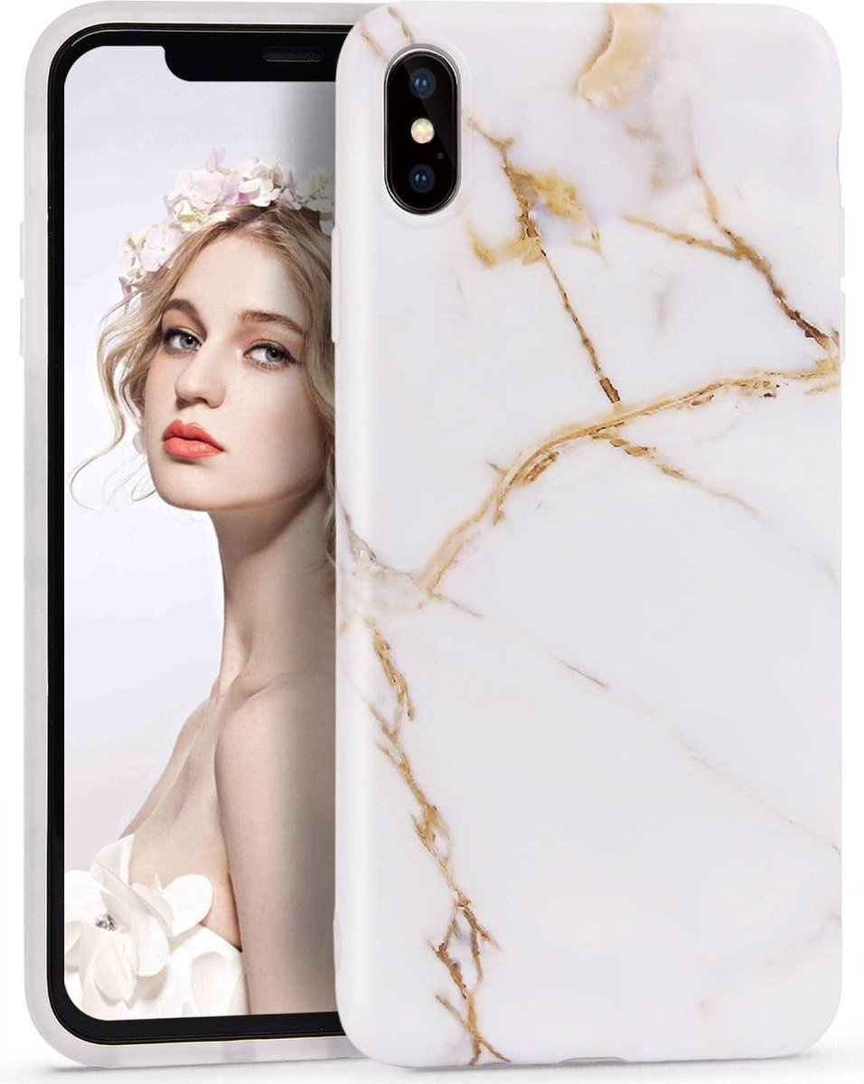 Aannemer Lezen veeg Luxe marmer case voor iPhone X - iPhone XS hoesje wit - goud - back cover  soft TPU zacht - YPCd