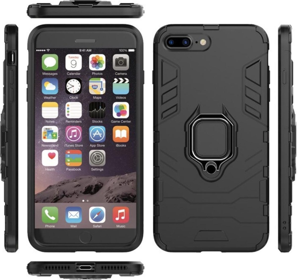 inhoud Gom Vriend Luxe Extreem Stevige Armor Hoesje voor Apple iPhone 7 Plus - iPhone 8 Plus  - Shockproof Case - Cover Zwart - Magneet - Magnetisch voor autohouder -  met Ring Kickstand - YPCd