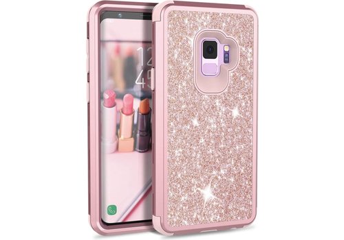 Extra Stevige Luxe Shockproof Glitter Back Cover voor Samsung Galaxy S9 - Armor Case met 360� Bescherming - Roze met Glitters Hoesje - 3 in 1 Hybrid