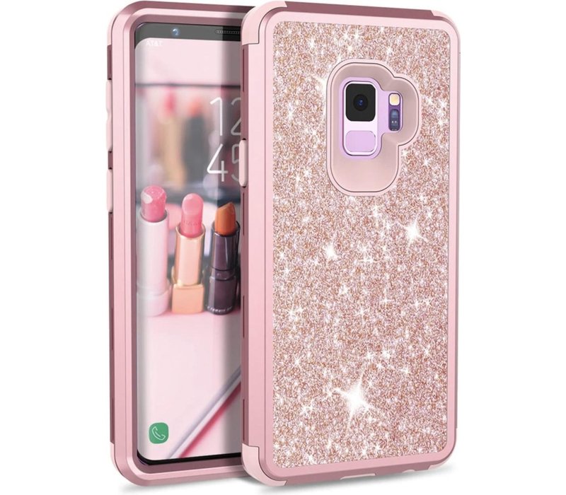 Extra Stevige Luxe Shockproof Glitter Back Cover voor Samsung Galaxy S9 - Armor Case met 360� Bescherming - Roze met Glitters Hoesje - 3 in 1 Hybrid