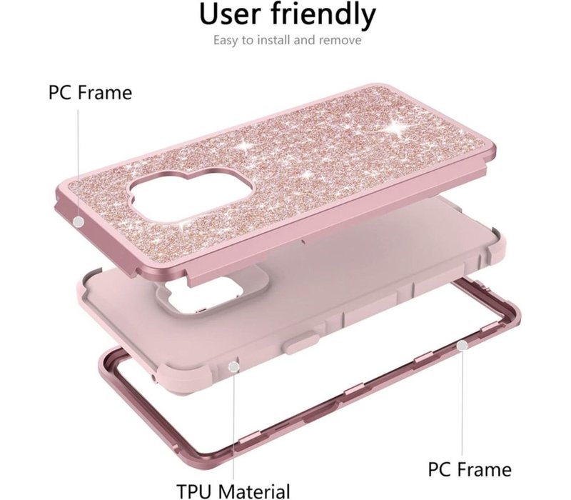 Extra Stevige Luxe Shockproof Glitter Back Cover voor Samsung Galaxy S9 - Armor Case met 360� Bescherming - Roze met Glitters Hoesje - 3 in 1 Hybrid