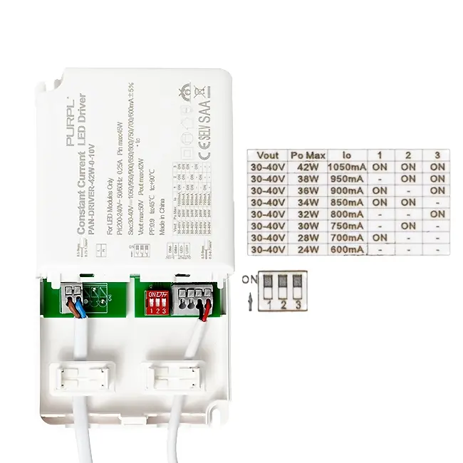 PURPL Driver 0-10V regulable para paneles LED | 24W - 42W | 600mA - 1050mA | Ajustable