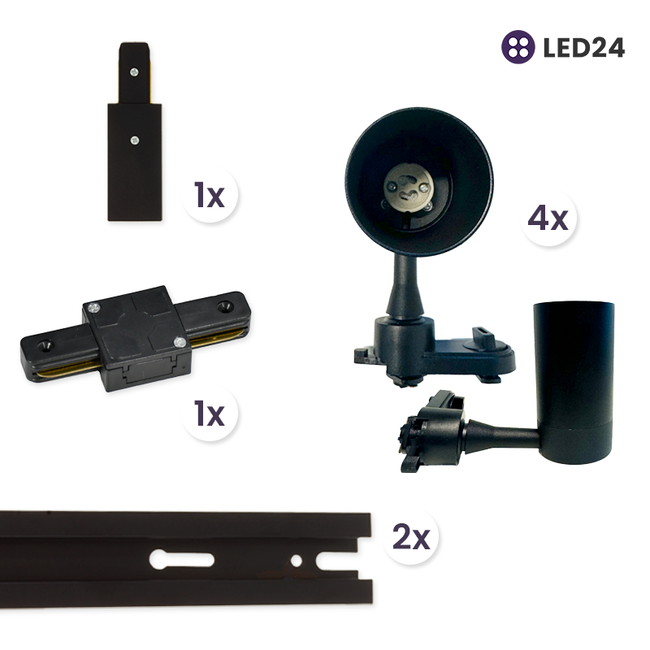 PURPL Kit completo de focos GU10 y rieles monofásicos negros | 1 Fase | 3 Metros | 5 Focos GU10