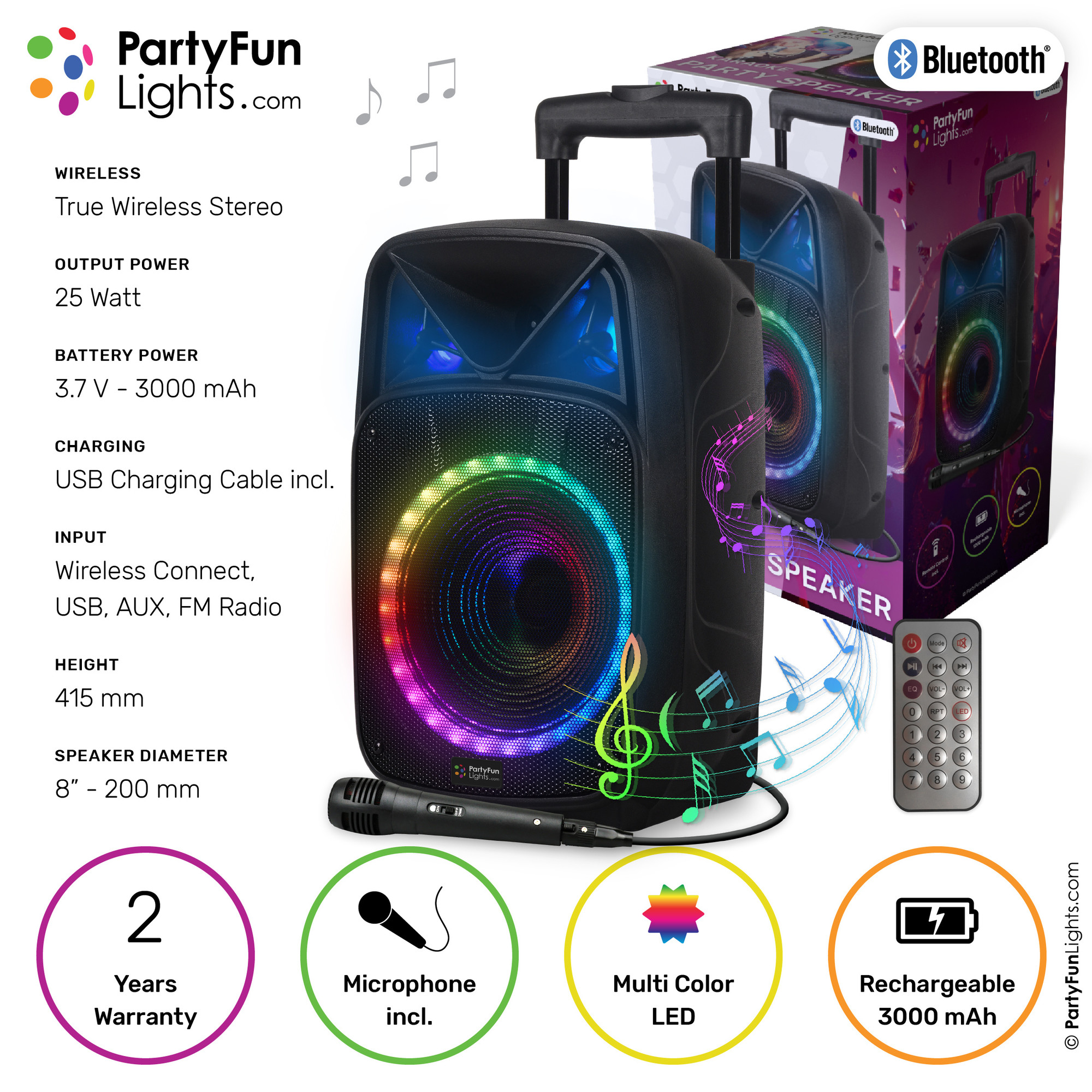 Bluetooth Karaoke Party Speaker with Microphone and Remote Control