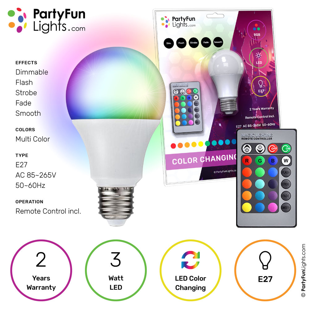 tale forbandelse Forenkle Color Changing E27 Light Bulb with Remote Control - PartyFunLights