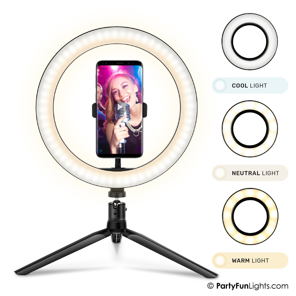 PartyFunLights Anneau lumineux pour selfie 26 cm - Trépied, support pour téléphone avec prise USB