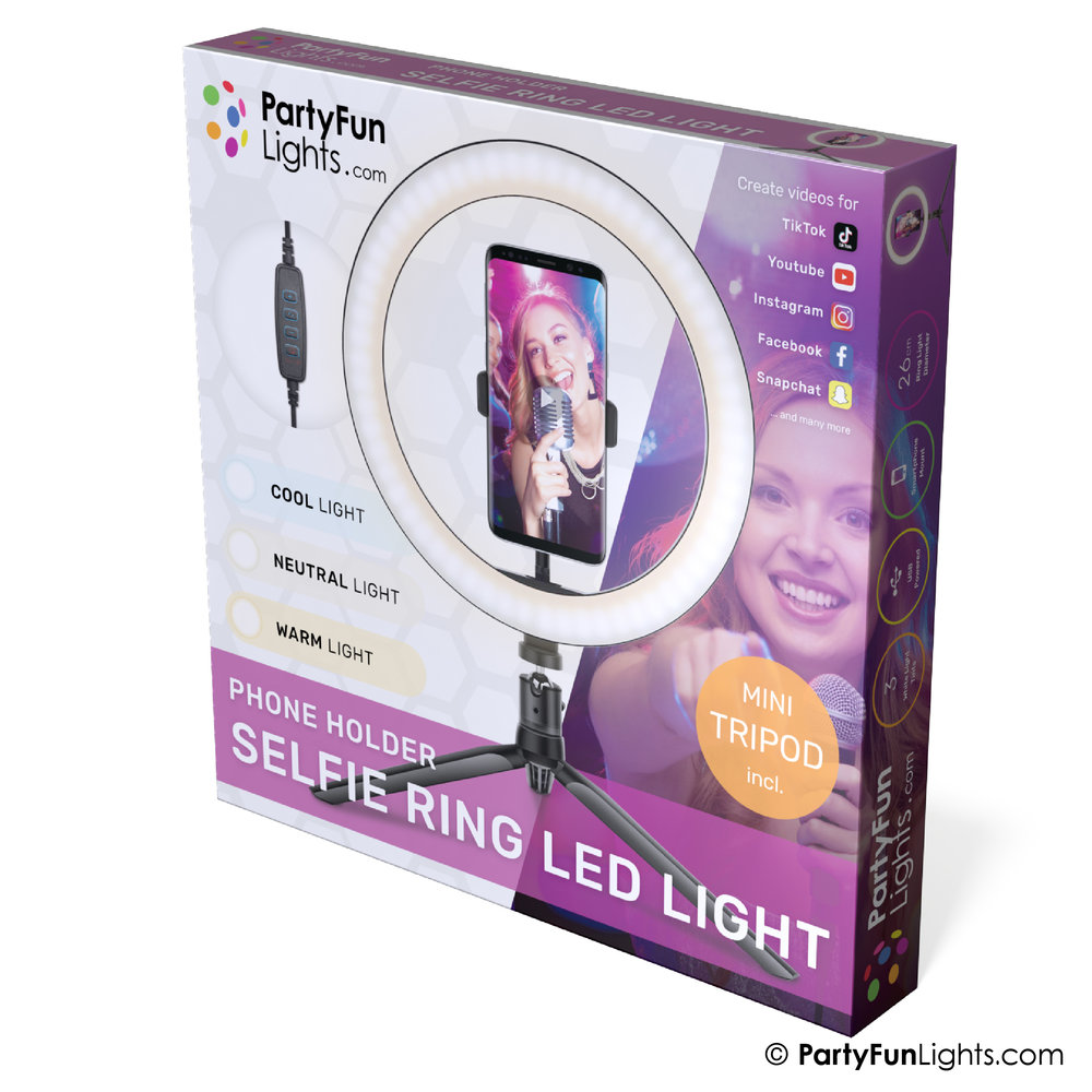 PartyFunLights Selfie-Ring LED-Licht 26 cm - Stativ, Telefonhalterung mit USB-Stecker