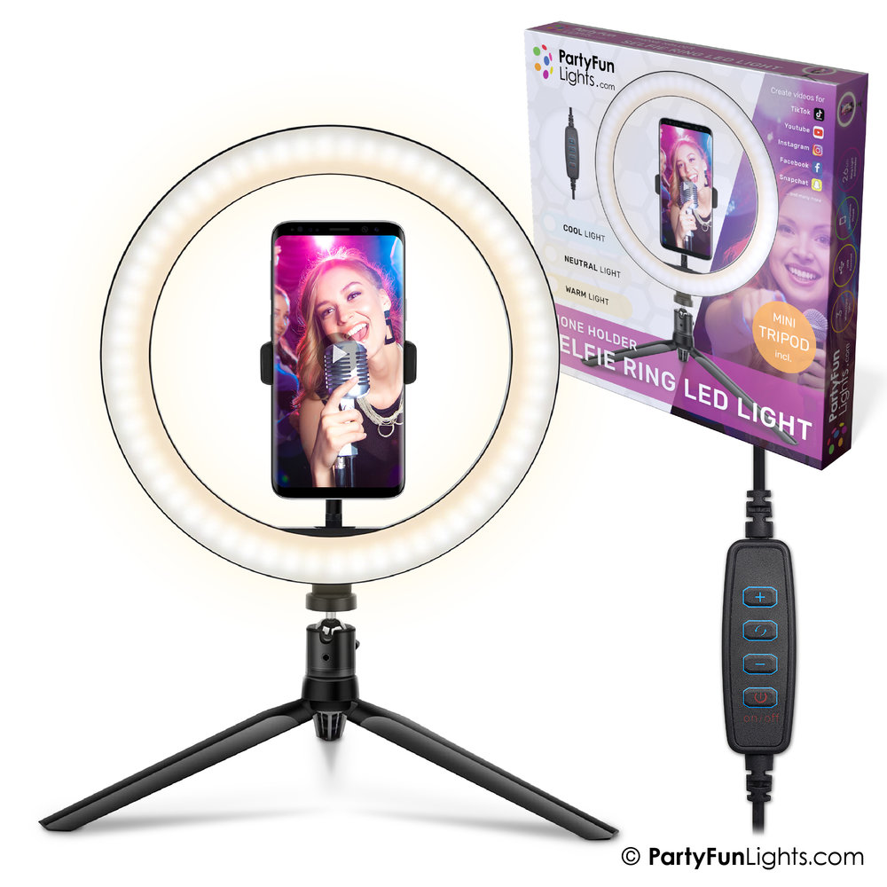 PartyFunLights Anneau lumineux pour selfie 26 cm - Trépied, support pour téléphone avec prise USB