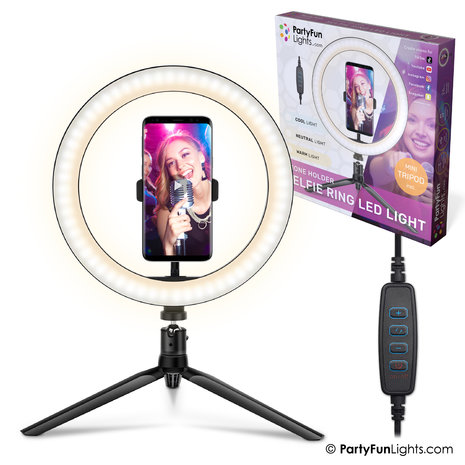 PartyFunLights Selfie Ringlamp LED - met statief en telefoonhouder - USB - diameter 26 cm