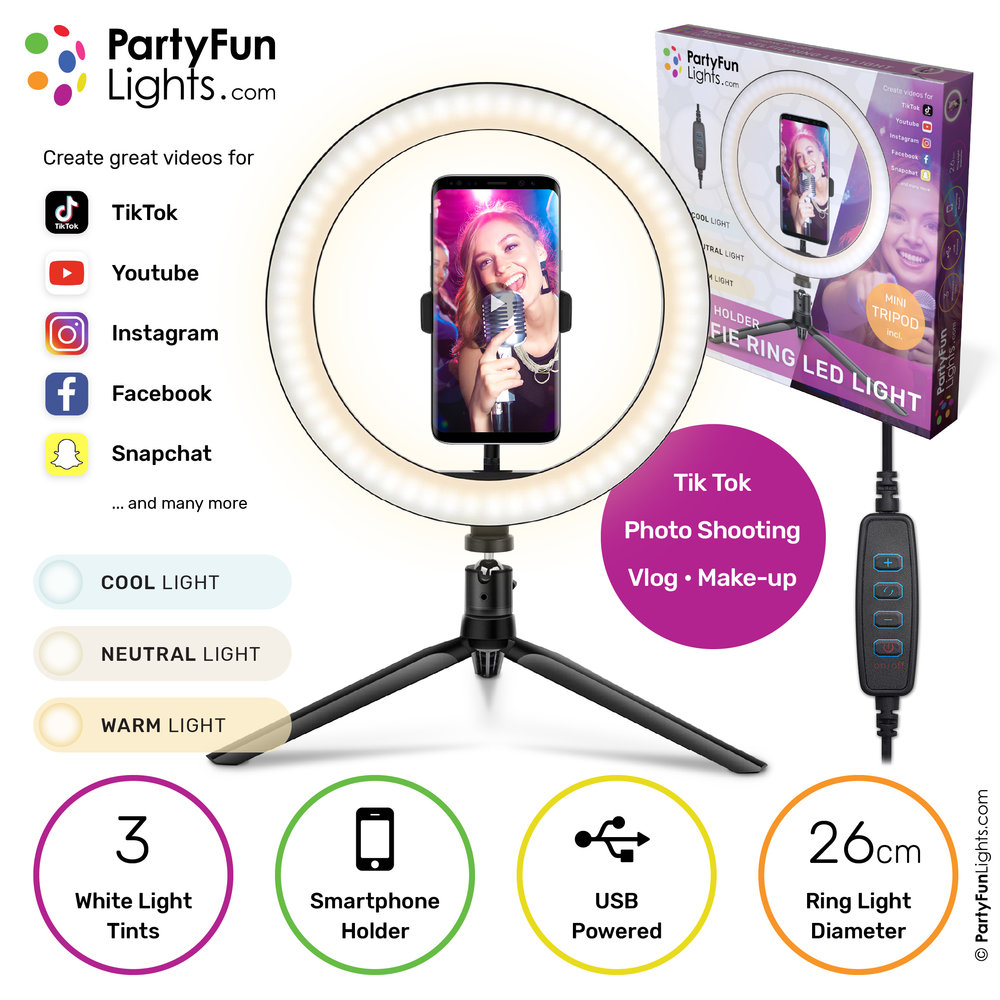 PartyFunLights Selfie-Ring LED-Licht 26 cm - Stativ, Telefonhalterung mit USB-Stecker