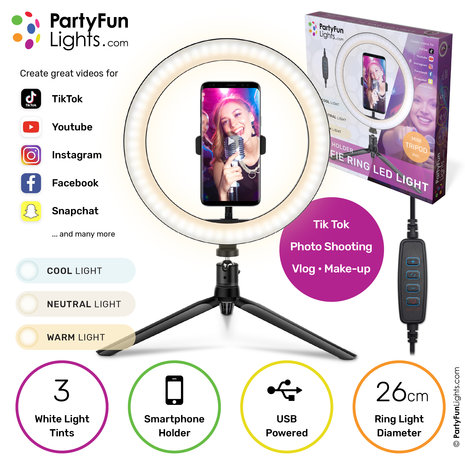 PartyFunLights Selfie Ringlamp LED - met statief en telefoonhouder - USB - diameter 26 cm