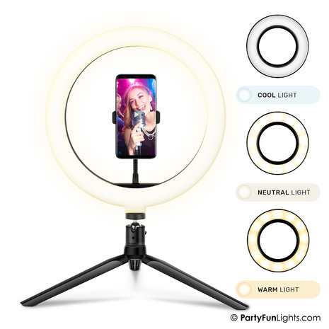 PartyFunLights Selfie Ringlamp LED - met statief en telefoonhouder - USB - diameter 30 cm