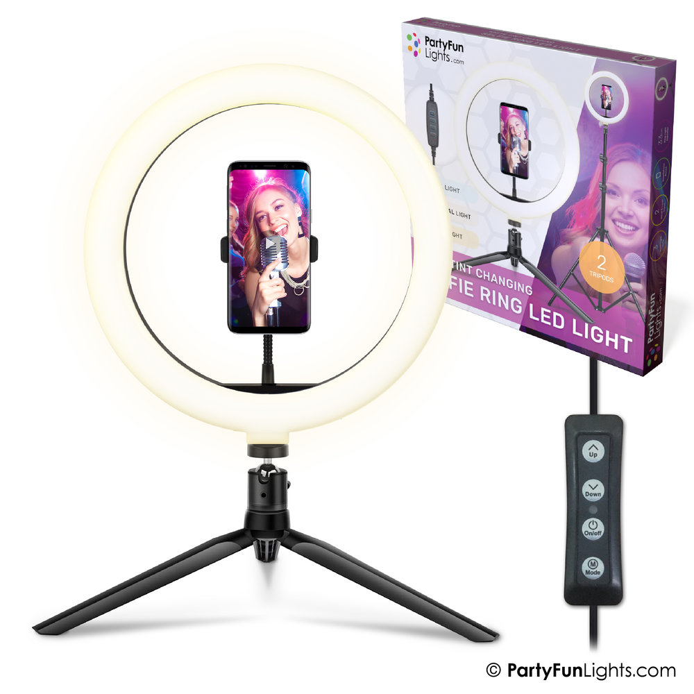 PartyFunLights Selfie Ring LED Light 30 cm - Tripod, Phone Holder with USB Plug