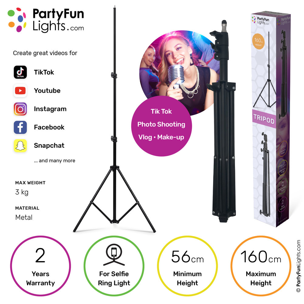 PartyFunLights Selfie Statief - voor selfie ring lampen, smartphones en fotocamera's - maximale hoogte 160cm - zwart