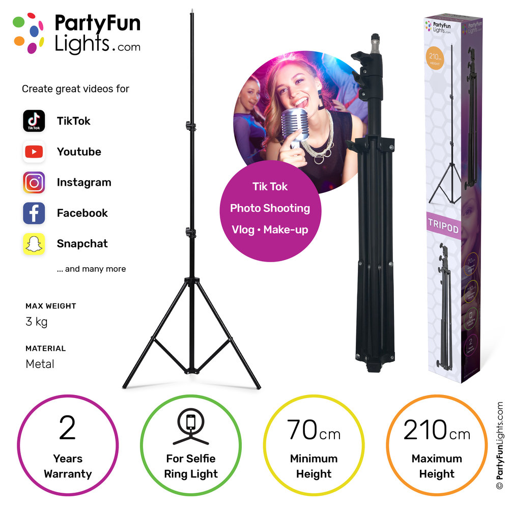 PartyFunLights Selfie Ring Light Tripod - Max Height 210 cm